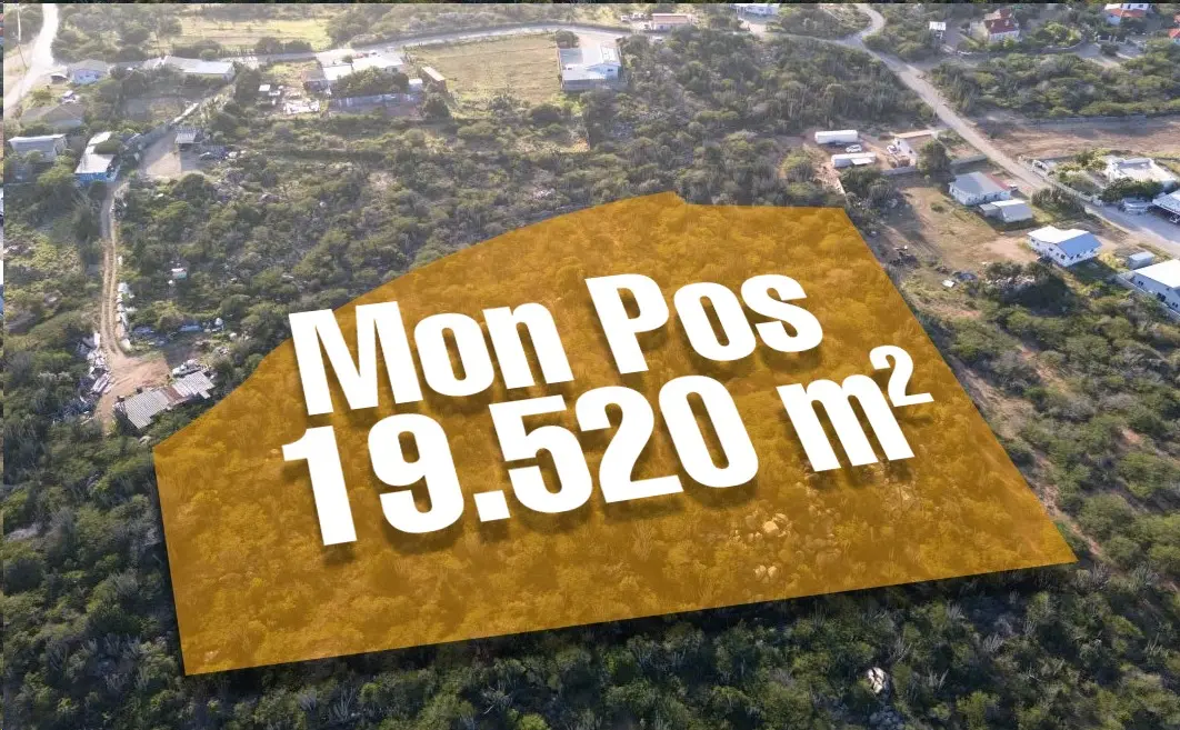 Aerial image of the land for sale in Mon Pos, Santa Cruz, Aruba, displaying the property boundary and lot size overlay.