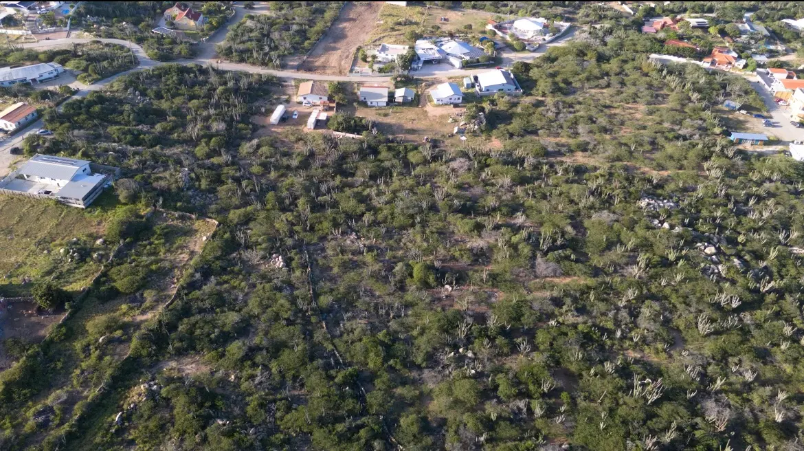 Detailed aerial view of the land for sale in Mon Pos, Santa Cruz, Aruba, showing vegetation patterns and nearby development.