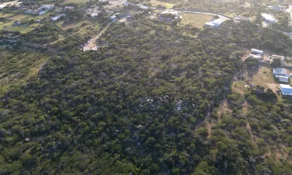 Elevated aerial image of the Mon Pos land parcel in Santa Cruz, Aruba, showing rocky terrain and native vegetation.
