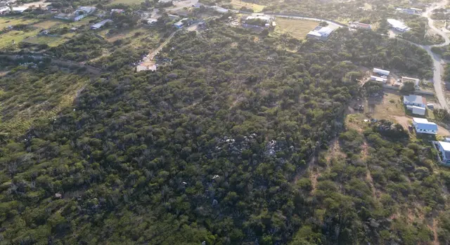 Elevated aerial image of the Mon Pos land parcel in Santa Cruz, Aruba, showing rocky terrain and native vegetation.
