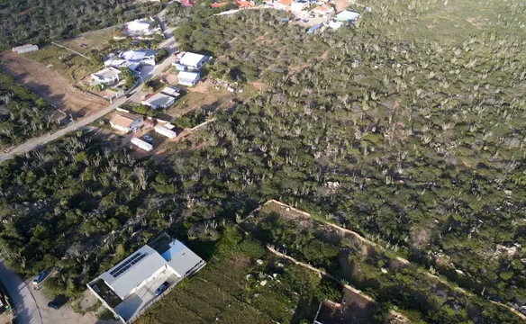 Aerial view of the Mon Pos land parcel in Santa Cruz, Aruba, showing nearby homes, roads, and surrounding terrain.
