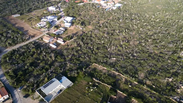 Aerial view of the Mon Pos land parcel in Santa Cruz, Aruba, showing nearby homes, roads, and surrounding terrain.