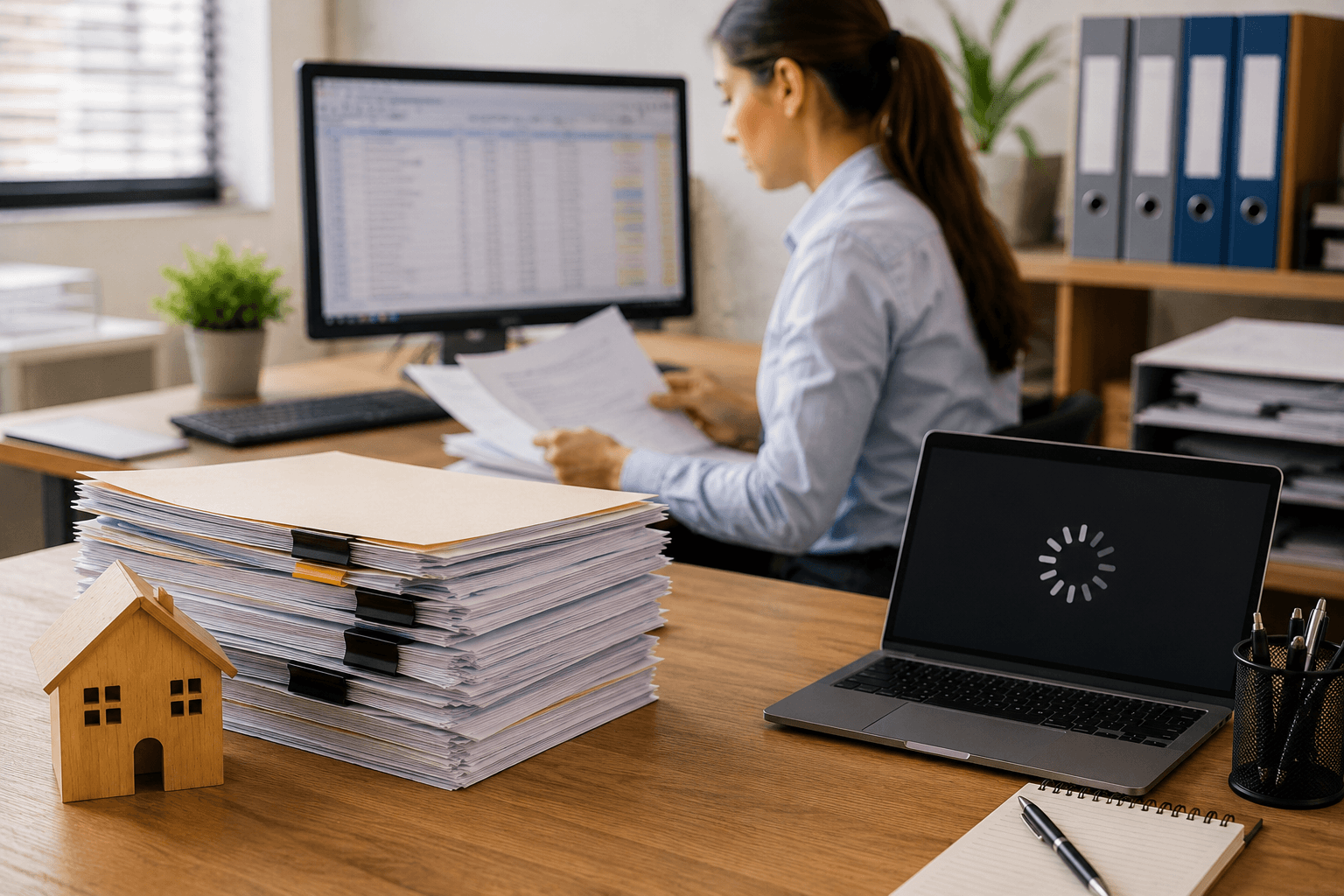 Office staff processing property documents during temporary Kadaster system delays in Aruba.