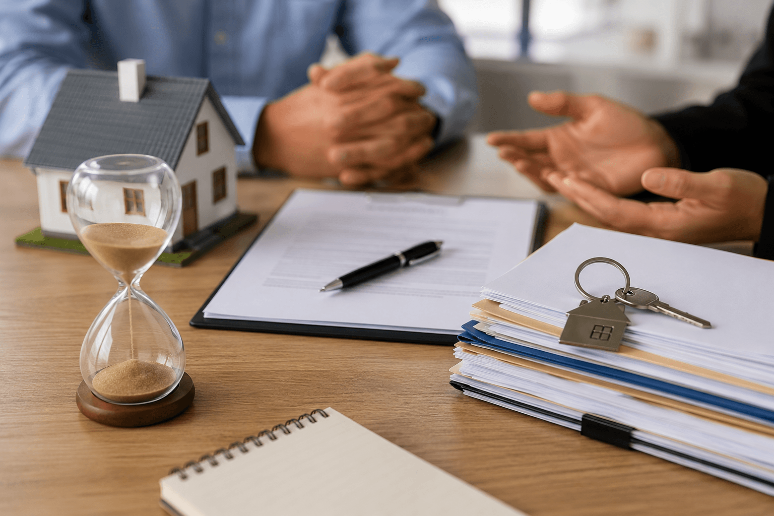 Real estate documents, house model, keys, and an hourglass during a property transaction, illustrating delays in property transfers and settlement for buyers and sellers.