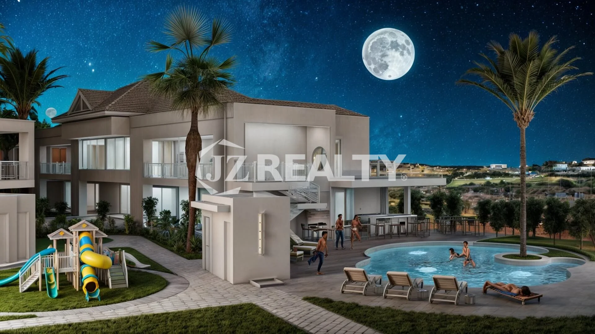 Outdoor swimming pool illuminated at night surrounded by landscape lighting at The Moon Luna Building in Aruba.