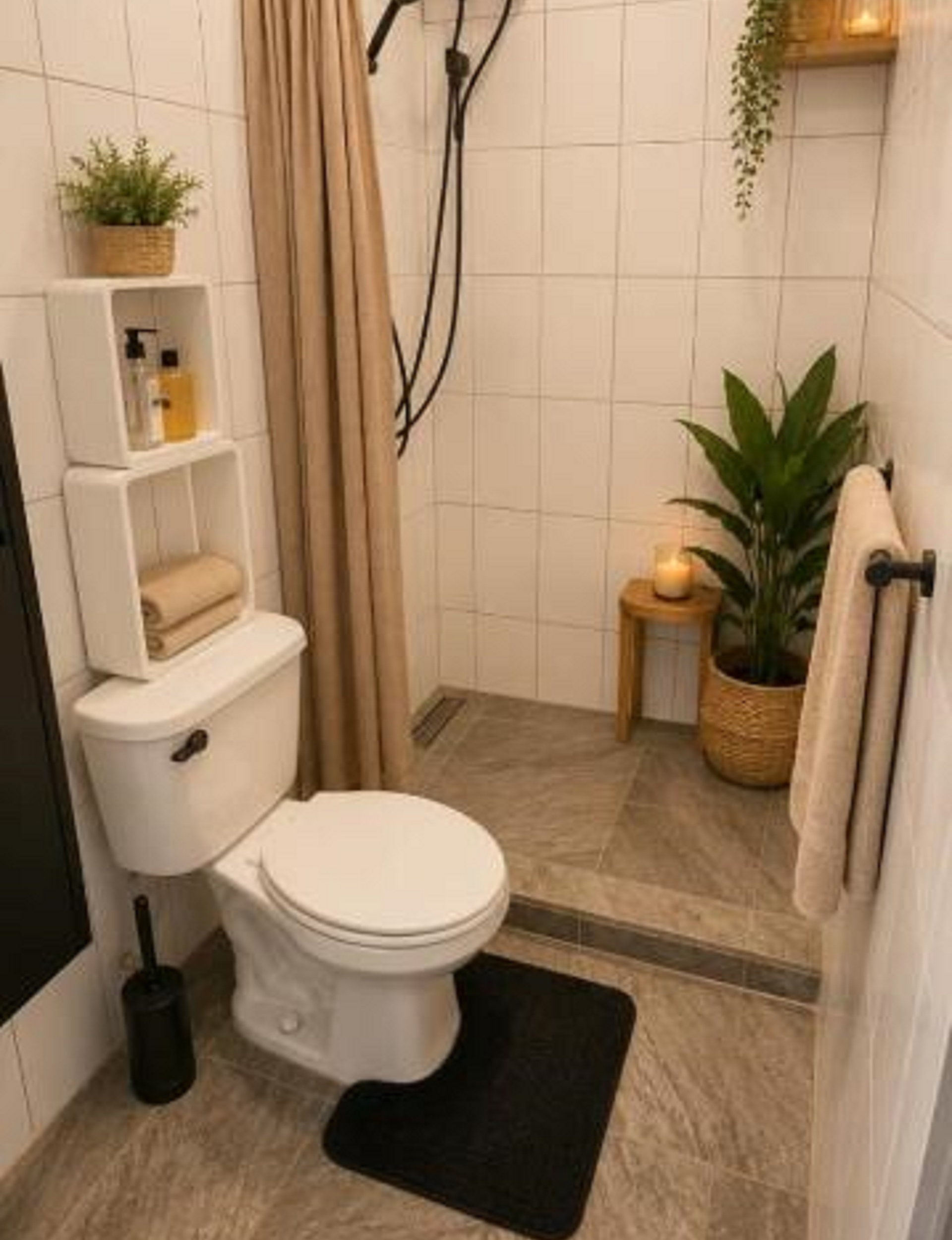 Modern bathroom interior in an Aruba vacation rental featuring a walk-in shower, toilet, towels, and potted plants.