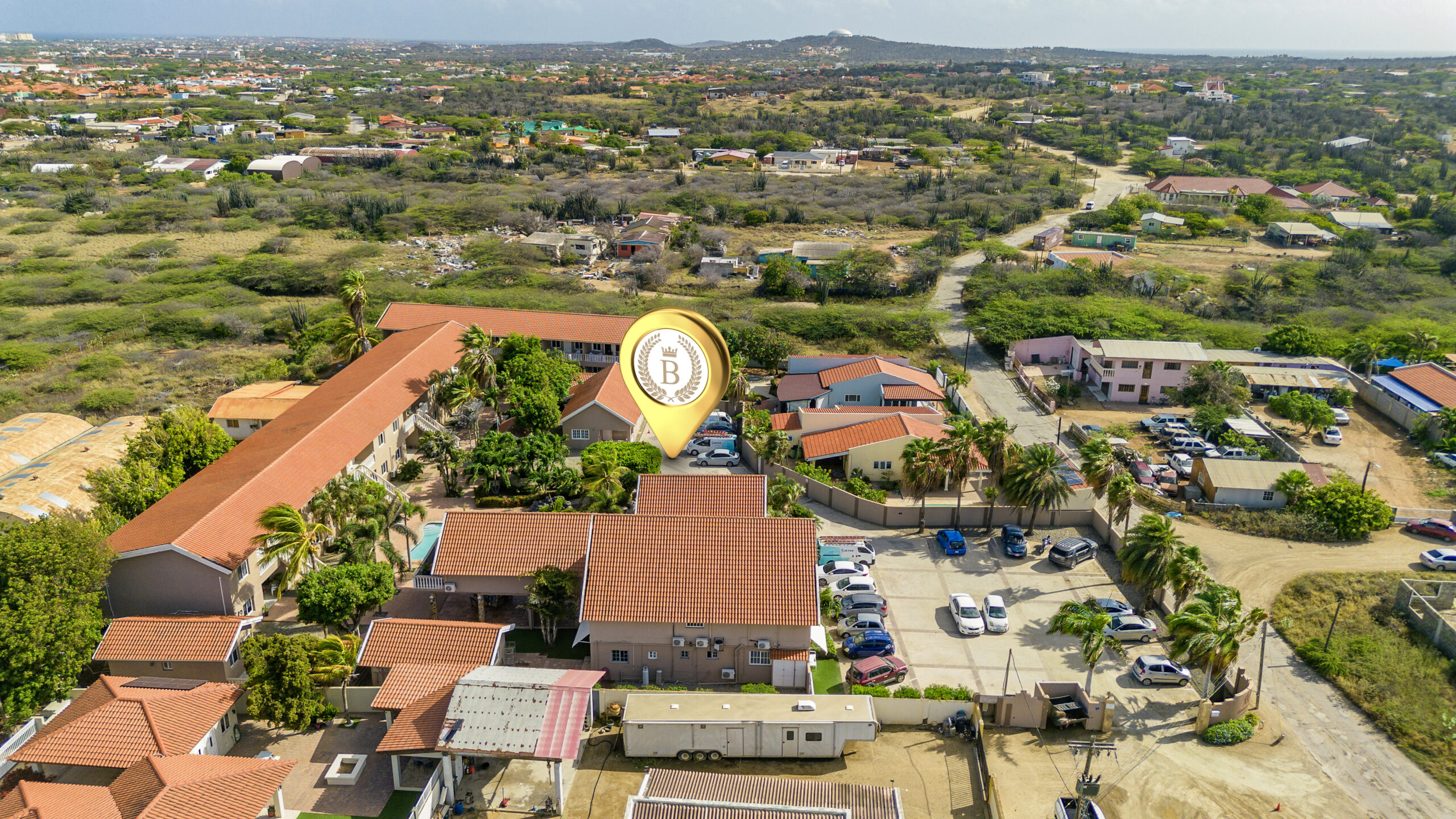 Aerial overview of the Marquee Apartments property and surrounding area in Noord, Aruba.