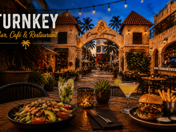 Turnkey Bar, Café & Restaurant at Paseo Herencia in Aruba featuring an outdoor dining area with cocktails, a burger, a salad, and illuminated evening seating beneath the entrance arch.