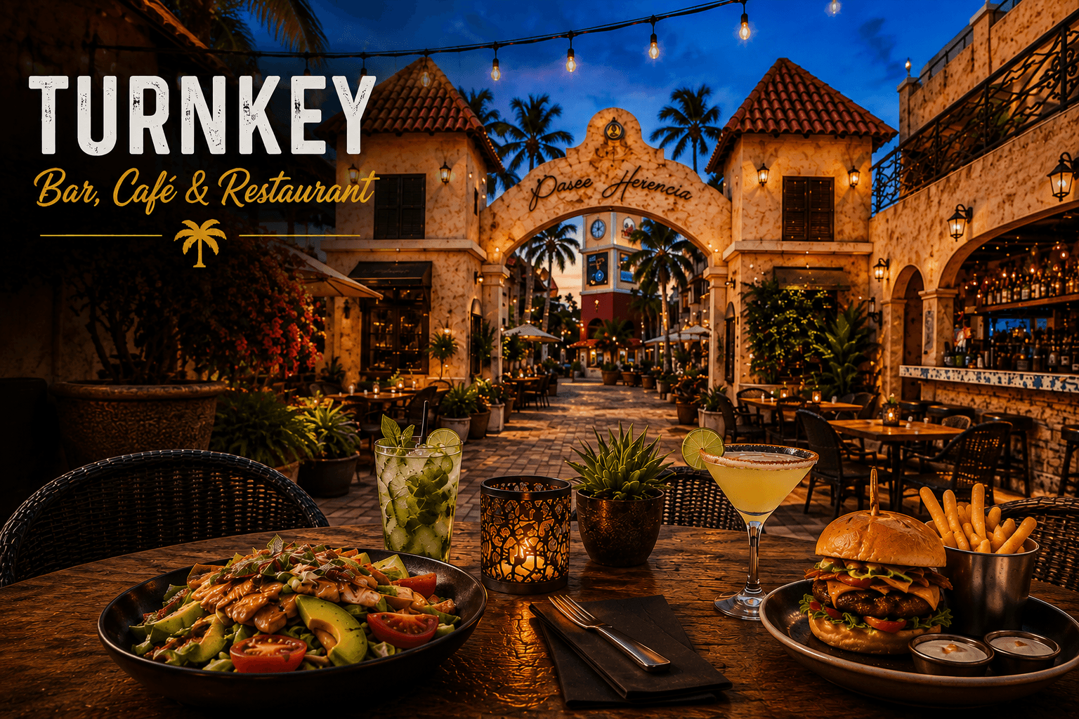 Turnkey Bar, Café & Restaurant at Paseo Herencia in Aruba featuring an outdoor dining area with cocktails, a burger, a salad, and illuminated evening seating beneath the entrance arch.